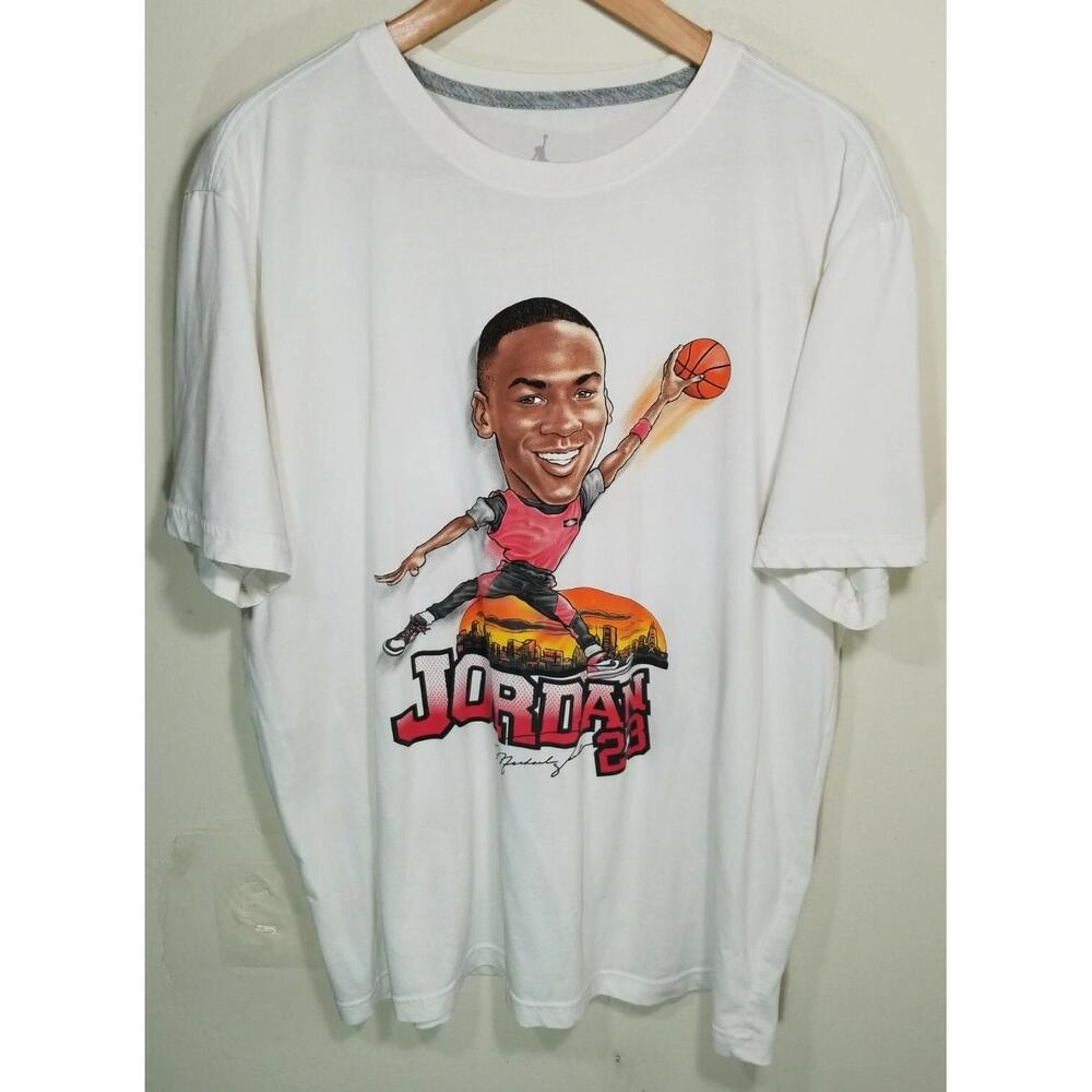 Michael Jordan 23 Dri Fit White T-Shirt Big Head Cartoon Tee Mens Size Xl